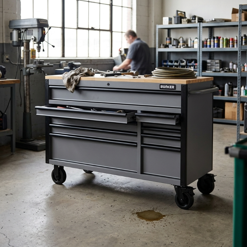 BUNKER 31760 10 Drawer Workbench Roller Tool Cabinet, 56", Light Grey