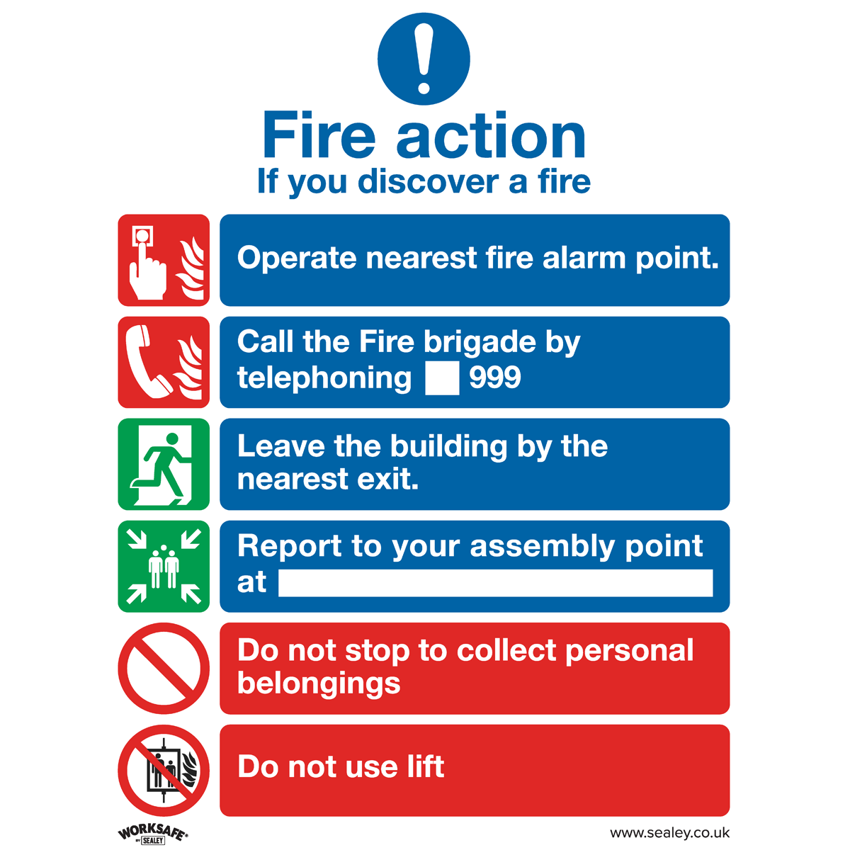 Sealey SS19P10 Safe Conditions Safety Sign - Fire Action With Lift - Rigid Plastic - Pack of 10