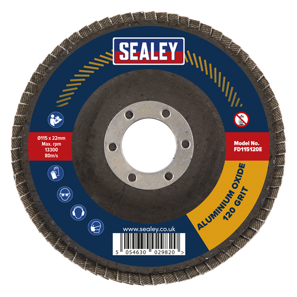 Sealey FD115120E Flap Disc Aluminium Oxide Ø115mm Ø22mm Bore 120Grit